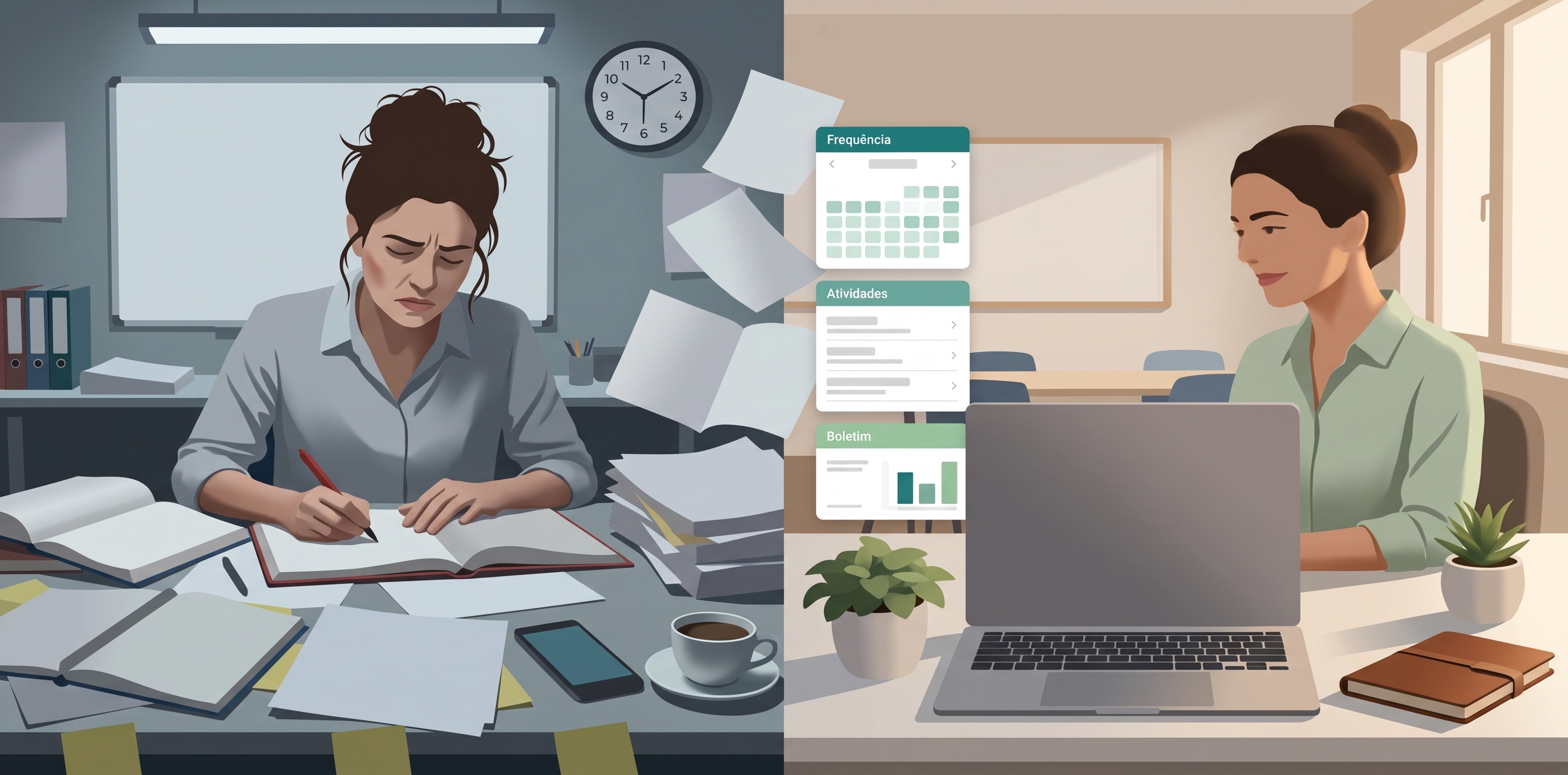 professora com processos em papel e planilha do lado esquerdo e a professora com a mesa limpa mais tranquila e com um sistema que organizada tudo para ela
